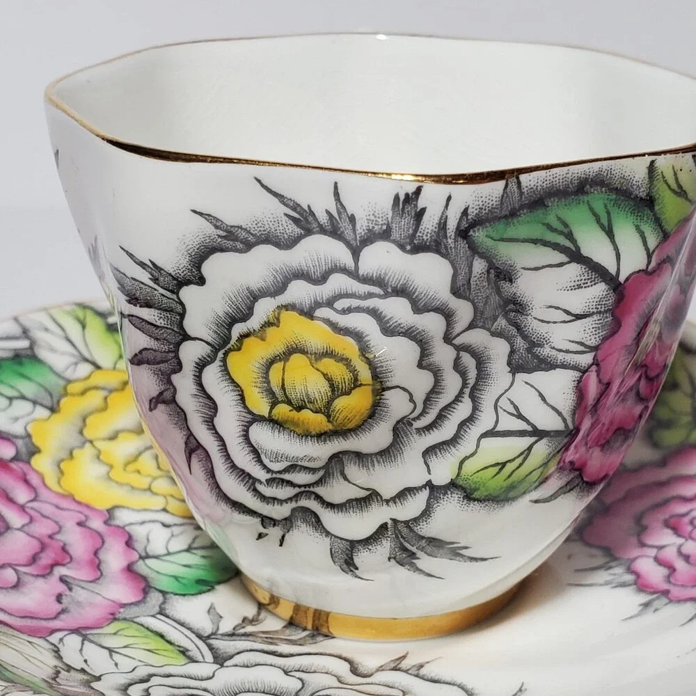 Rosina Teacup and Saucer Floral Pink Yellow White Vintage
